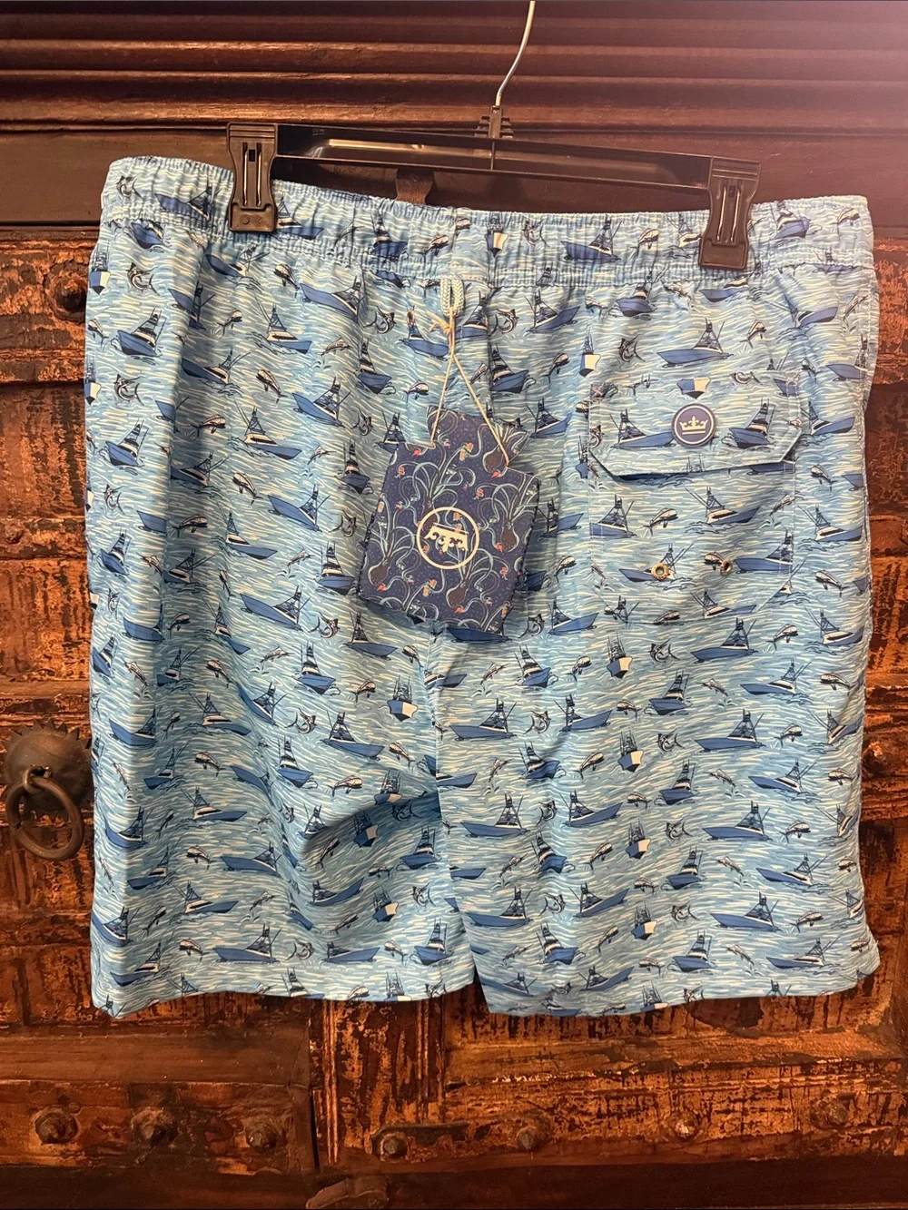 Peter Millar Light Blue Boat-Print Swim Trunks